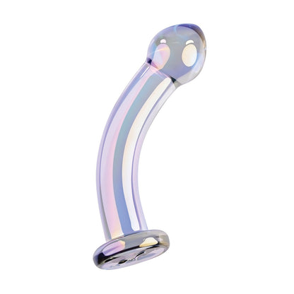 The Playboy Pleasure Jewels King Dildo by Playboy is a translucent glass object with pastel rainbow stripes, featuring a majestic design. It has a rounded top and flared base, showcasing a smooth and glossy surface reminiscent of exquisite creations.