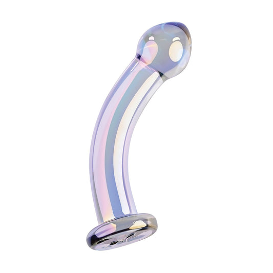 The Playboy Pleasure Jewels King Dildo by Playboy is a translucent glass object with pastel rainbow stripes, featuring a majestic design. It has a rounded top and flared base, showcasing a smooth and glossy surface reminiscent of exquisite creations.