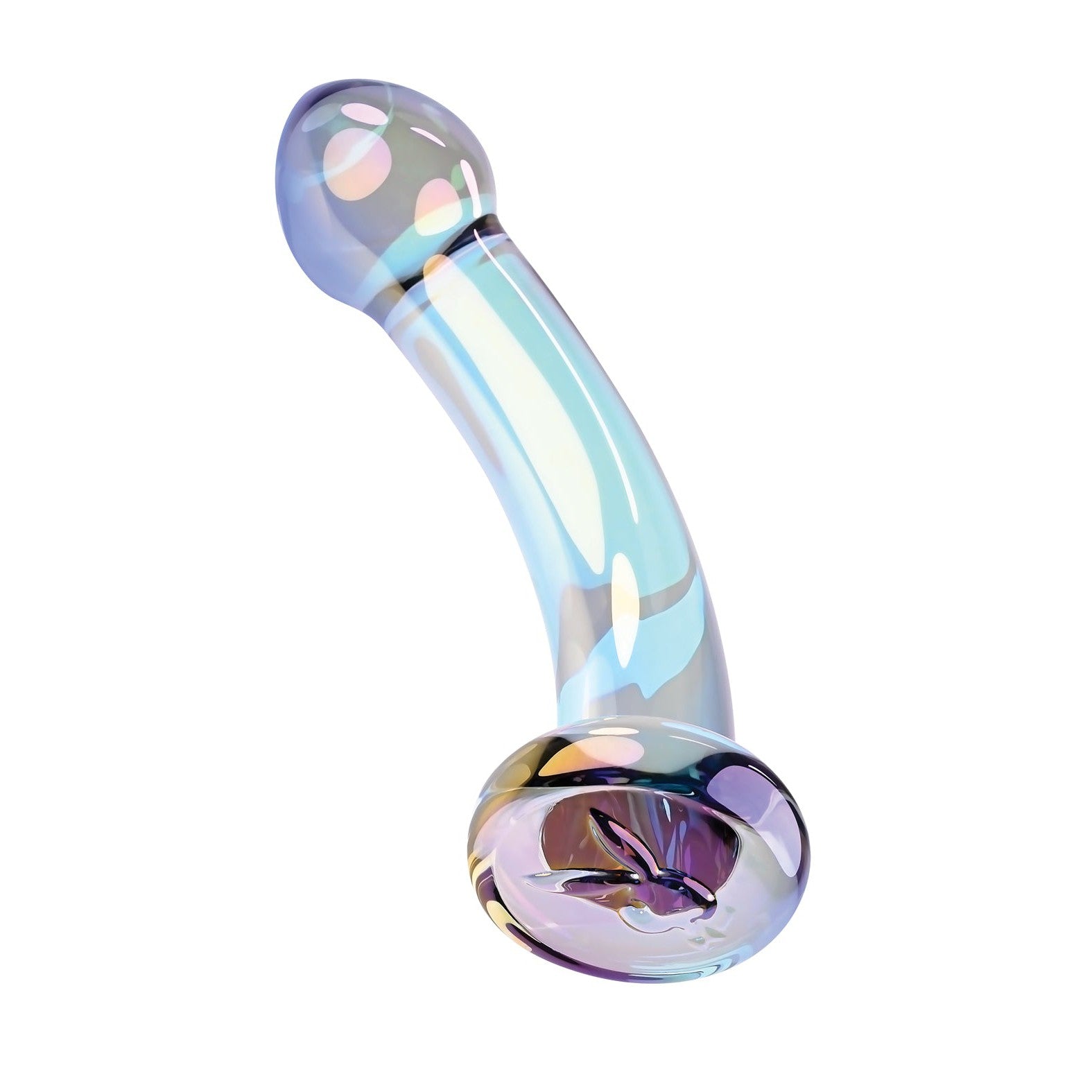 The Playboy Pleasure Jewels King Dildo by Playboy is a colorful iridescent sculpture with a majestic design. Its smooth, glossy surface reflects varying shades, and the rounded base showcases an exquisite swirl pattern reminiscent of jewels.