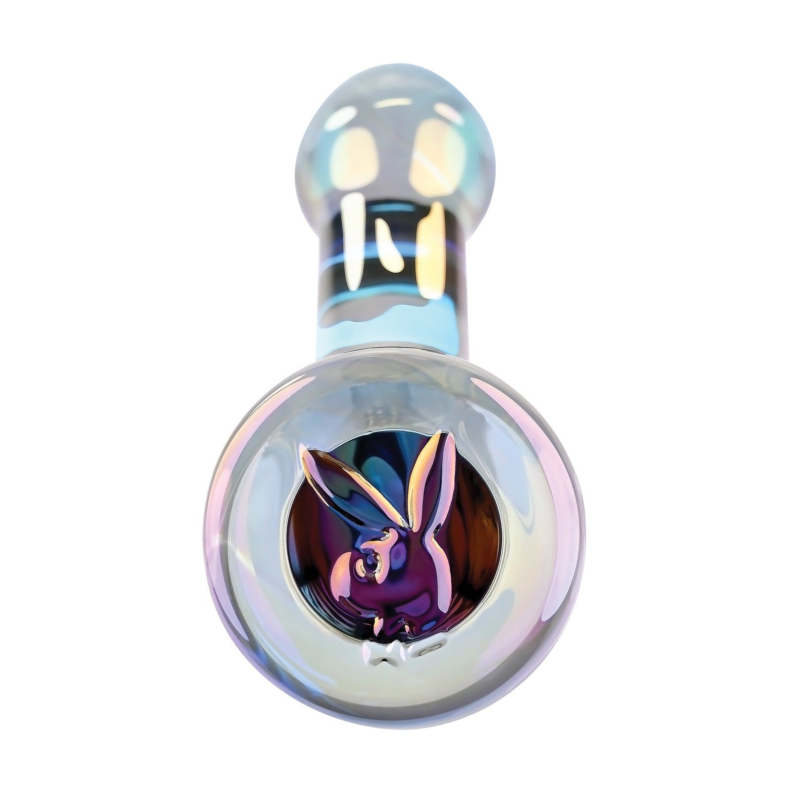 Introducing the Playboy Pleasure Jewels King Dildo by Playboy: a colorful, iridescent design featuring a stylized rabbit face with a rounded bowl and elongated stem, reflecting vibrant, jewel-like multicolored hues.