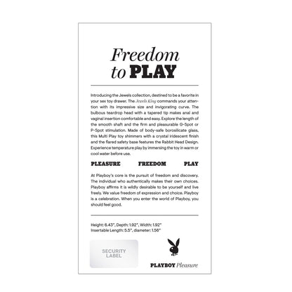 The image features packaging for Playboy Pleasure Jewels King Dildo by Playboy, an elegant G-Spot massager. It boasts a tapered tip, adjustable temperature, majestic design, dimensions, and a security label.