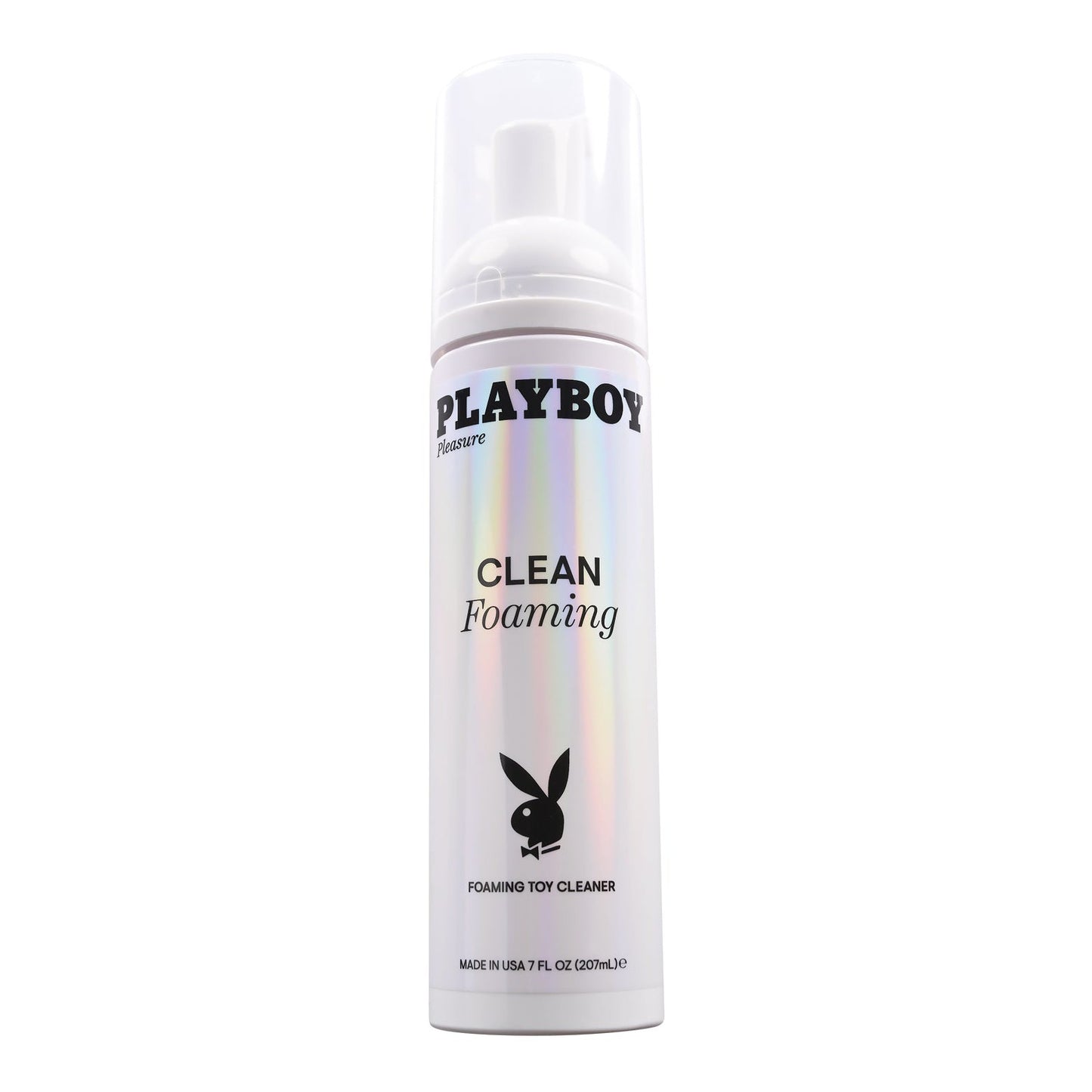 A 7 fl oz (207 mL) bottle of Playboy Pleasure Clean Foaming Toy Cleaner with a clear cap features a gentle formula and showcases a holographic label with the iconic bunny logo.