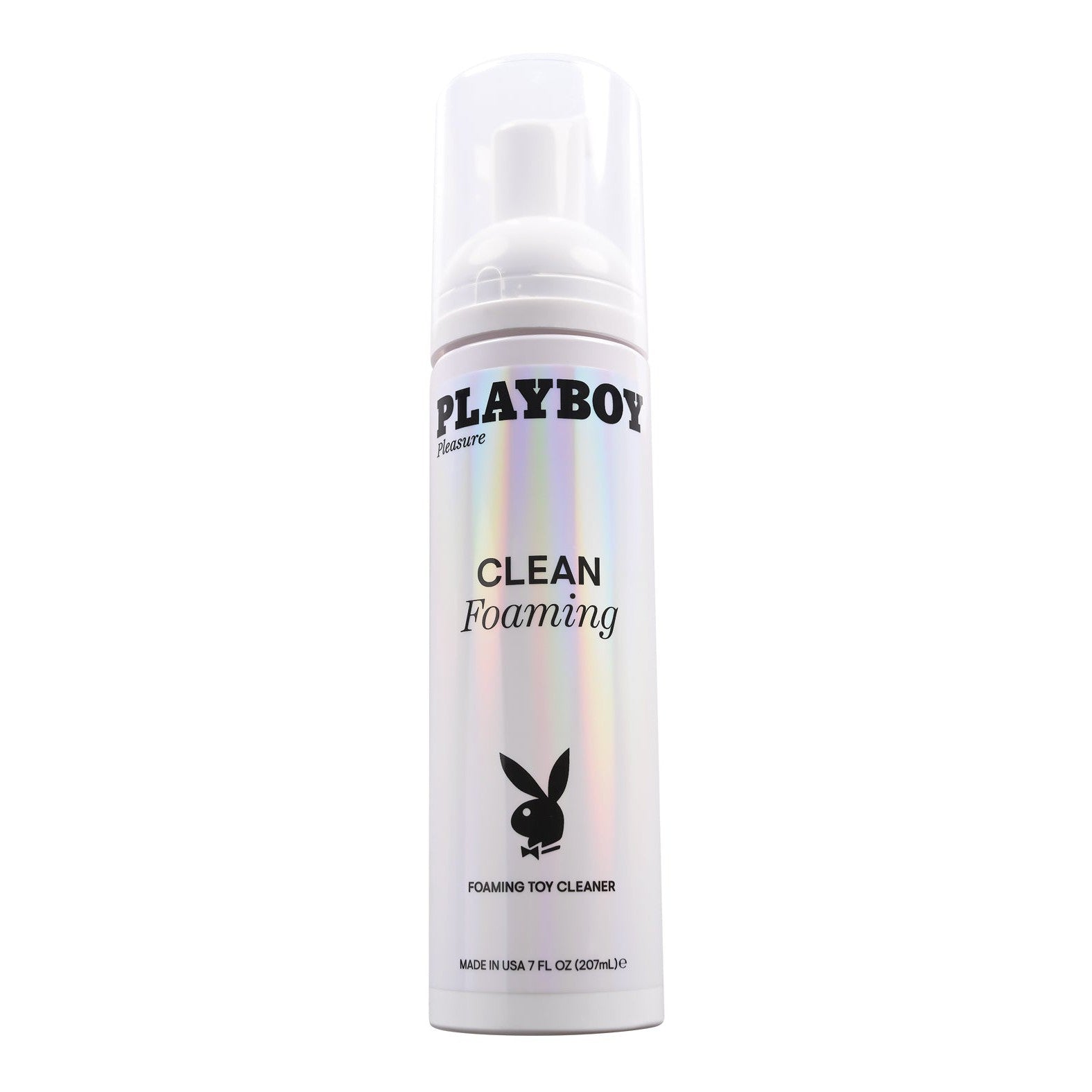 A 7 fl oz (207 mL) bottle of Playboy Pleasure Clean Foaming Toy Cleaner with a clear cap features a gentle formula and showcases a holographic label with the iconic bunny logo.