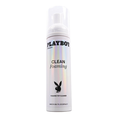 A 7 fl oz (207 mL) bottle of Playboy Pleasure Clean Foaming Toy Cleaner with a clear cap features a gentle formula and showcases a holographic label with the iconic bunny logo.