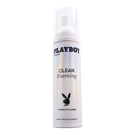 A 7 fl oz (207 mL) bottle of Playboy Pleasure Clean Foaming Toy Cleaner with a clear cap features a gentle formula and showcases a holographic label with the iconic bunny logo.
