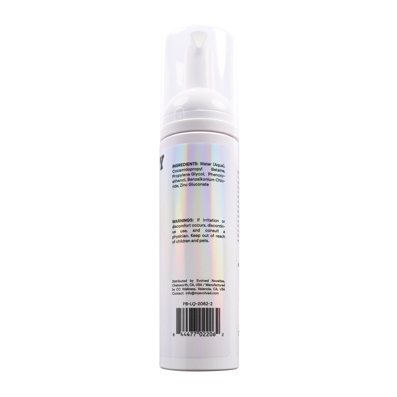 The Playboy Pleasure Clean Foaming Toy Cleaner by Playboy is packaged in a sleek white cylindrical bottle with a minimalist design and a pump dispenser. Although its ingredient and warning labels can be hard to read due to lighting, it ensures safe use with its gentle formula.