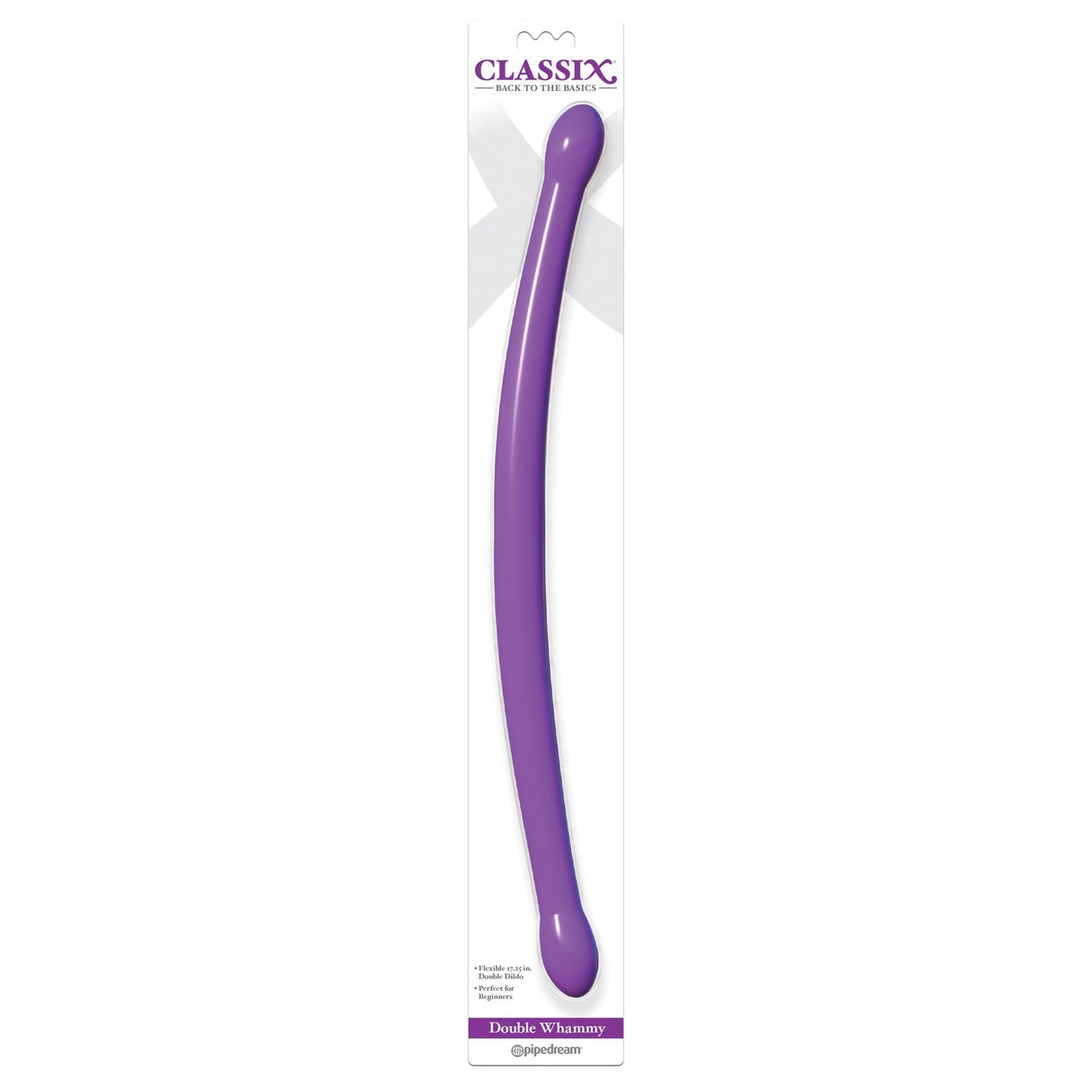 The Pipedream Classix 18 Bendable Double Whammy, a purple double-ended toy with a flexible shaft, is long and slightly curved with rounded ends. Its packaging features branding and product information, ideal for double penetration enthusiasts.
