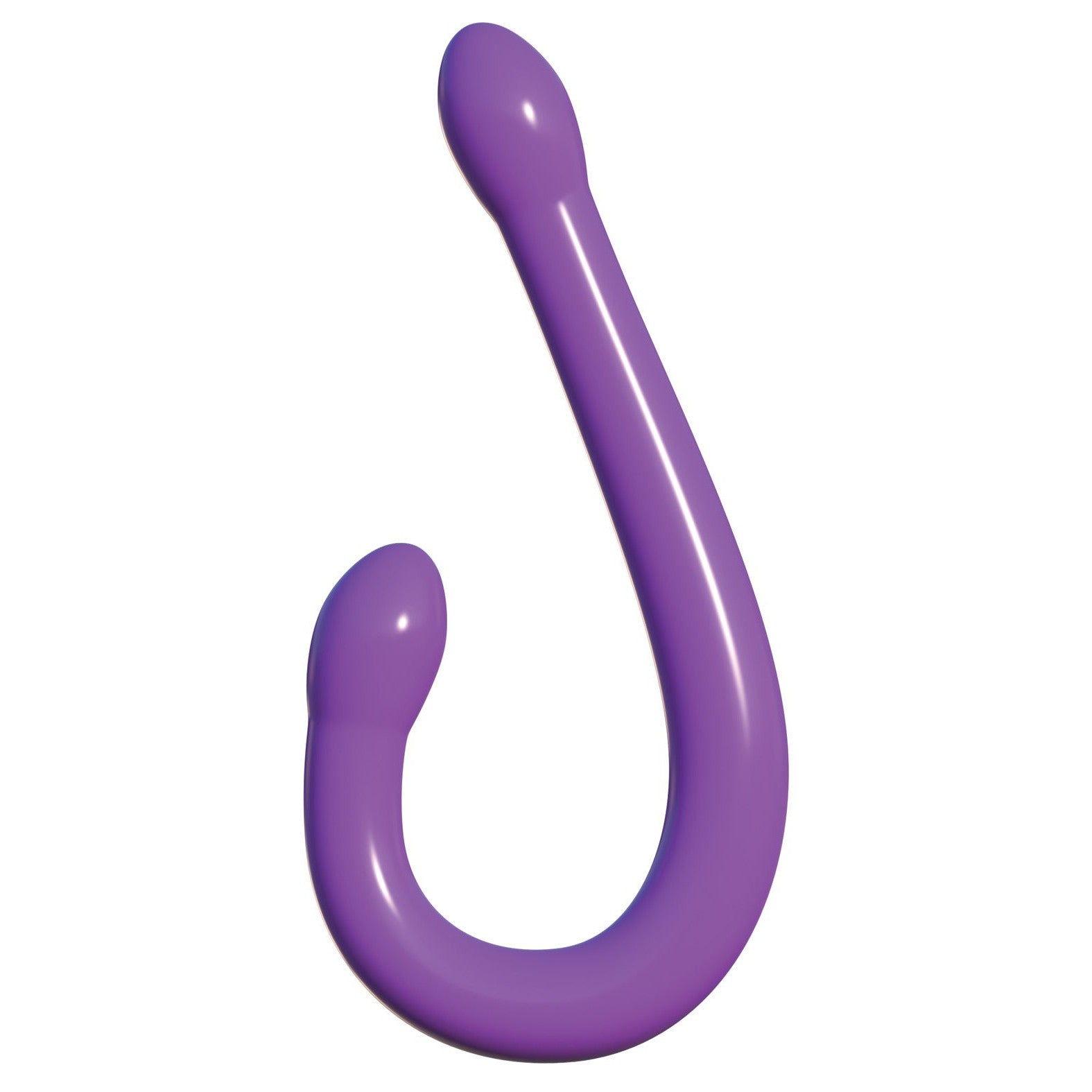 The Classix 18 Bendable Double Whammy by Pipedream is a whimsical purple, J-shaped object with rounded ends and a glossy finish. Its flexible shaft complements the minimalistic, abstract design and reflects light beautifully.