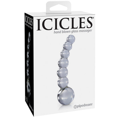 The packaging for Pipedreams Icicles No. 66 Hand Blown Glass Dong displays a clear, curved design ideal for P-Spot stimulation, featuring spherical segments that increase in size, reminiscent of Jewels Kings exquisite craftsmanship.