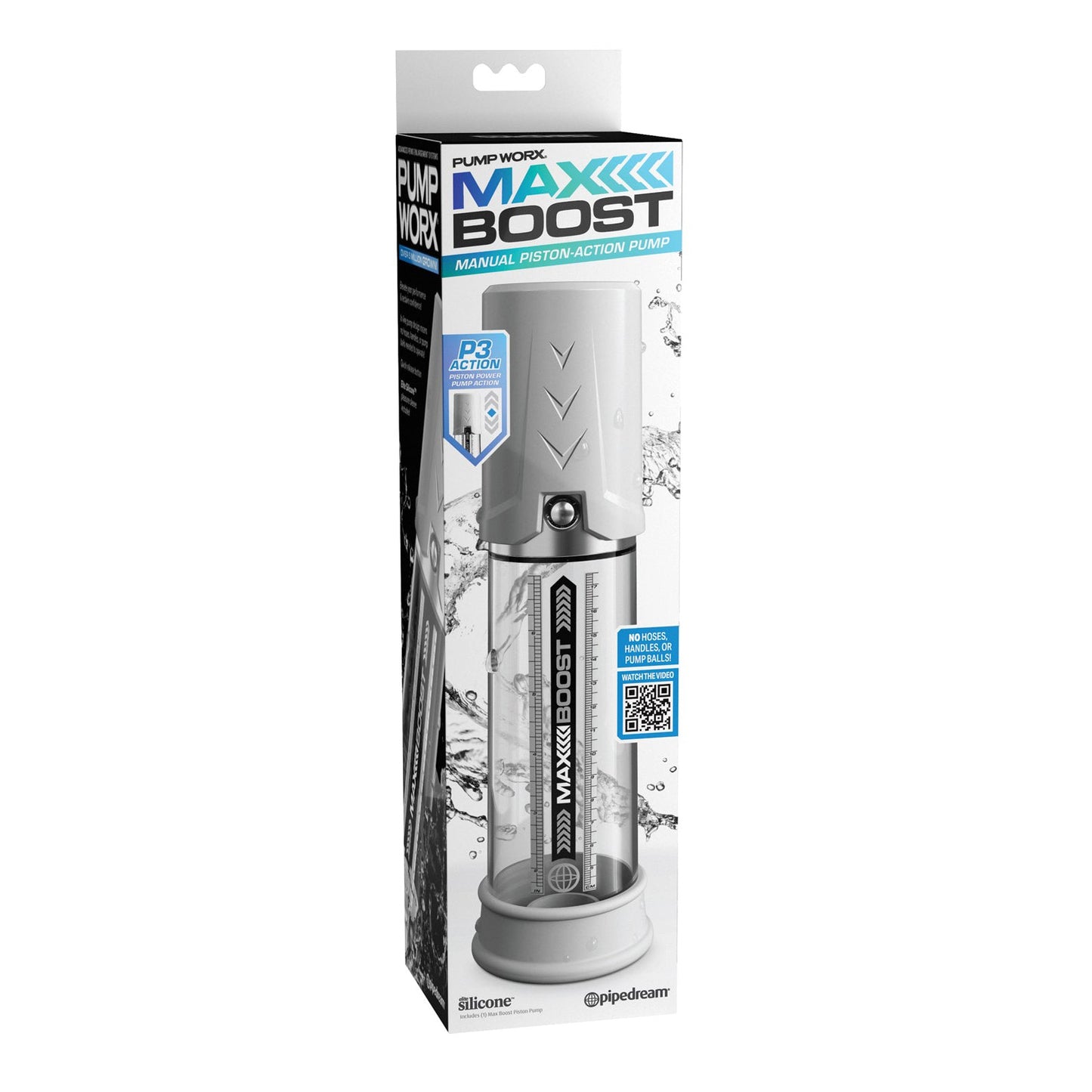 The Pump Worx Max Boost by Pipedream comes in packaging that displays its manual piston-action mechanism. It showcases an image of the pump, highlighting the transparent chamber and white silicone handle, with water splash graphics emphasizing its effectiveness for ED.