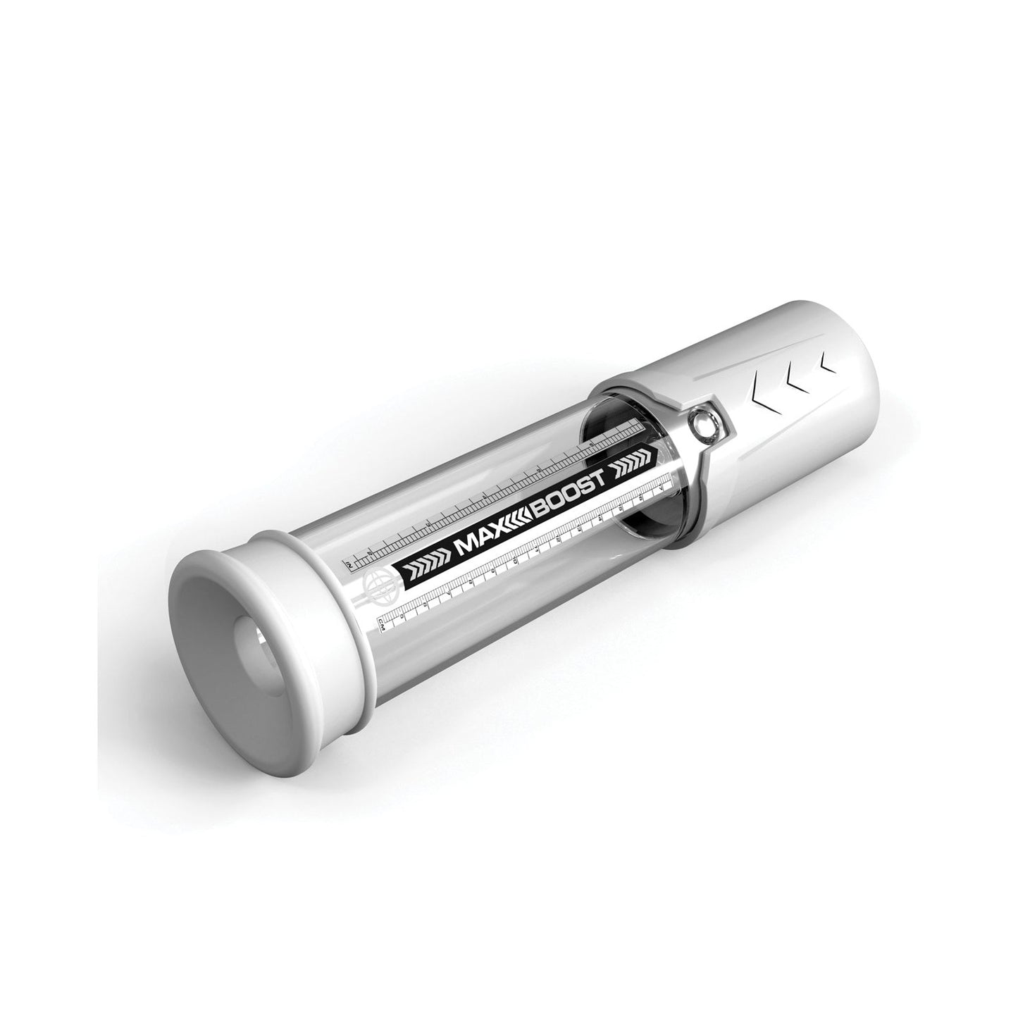 The Pump Worx Max Boost by Pipedream is a silicone, transparent cylindrical device with a silver handle and a Max Boost black label, functioning as a personal vacuum pump for ED solution against a plain white backdrop.