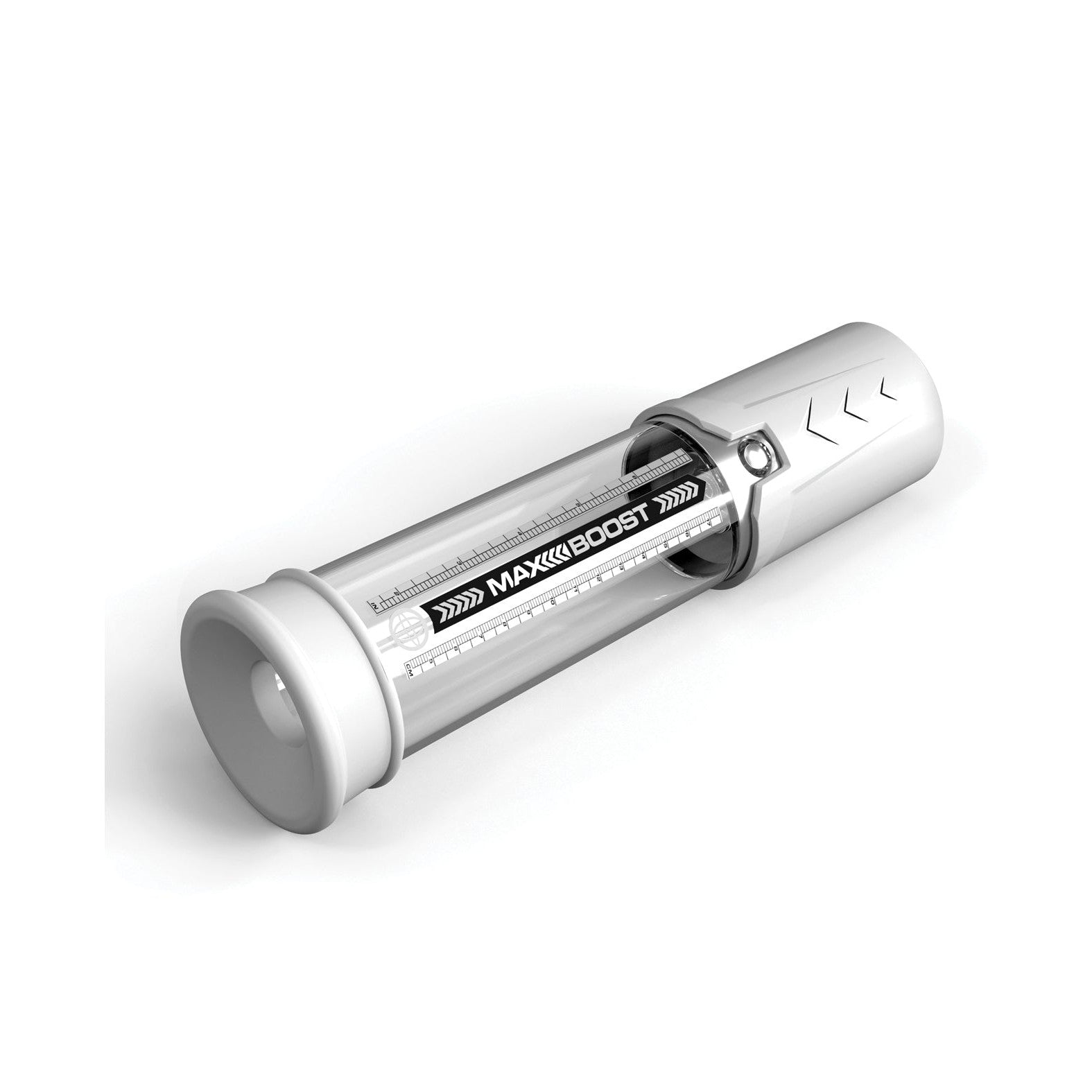 The Pump Worx Max Boost by Pipedream is a silicone, transparent cylindrical device with a silver handle and a Max Boost black label, functioning as a personal vacuum pump for ED solution against a plain white backdrop.