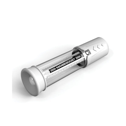 The Pump Worx Max Boost by Pipedream is a silicone, transparent cylindrical device with a silver handle and a Max Boost black label, functioning as a personal vacuum pump for ED solution against a plain white backdrop.