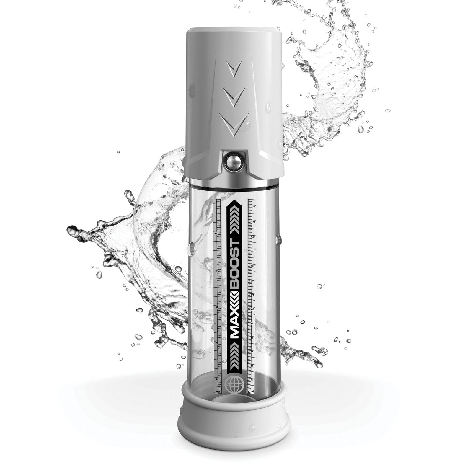 The transparent, cylindrical Pump Worx Max Boost by Pipedream, designed as an ED solution, contains liquid with swirling water inside. It has a grey top with arrow designs and is set against a white background.