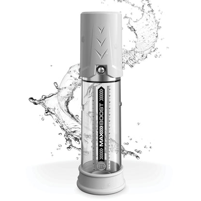 The transparent, cylindrical Pump Worx Max Boost by Pipedream, designed as an ED solution, contains liquid with swirling water inside. It has a grey top with arrow designs and is set against a white background.