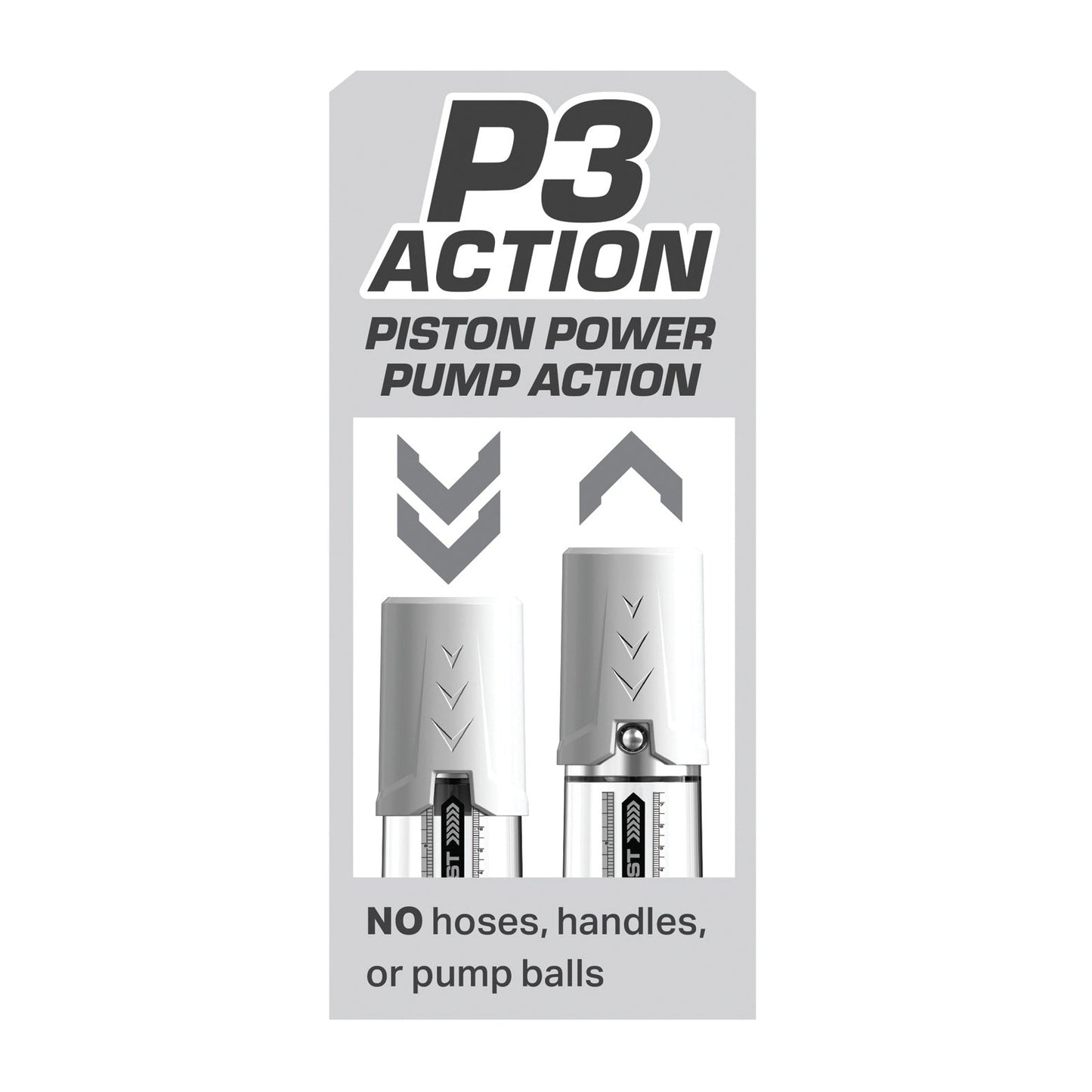 The Pump Worx Max Boost by Pipedream is a penis pump with piston power action. Its design features side-by-side pistons with arrows above, and the label states: NO hoses, handles, or pump balls. Its crafted from durable silicone for an effective ED solution.