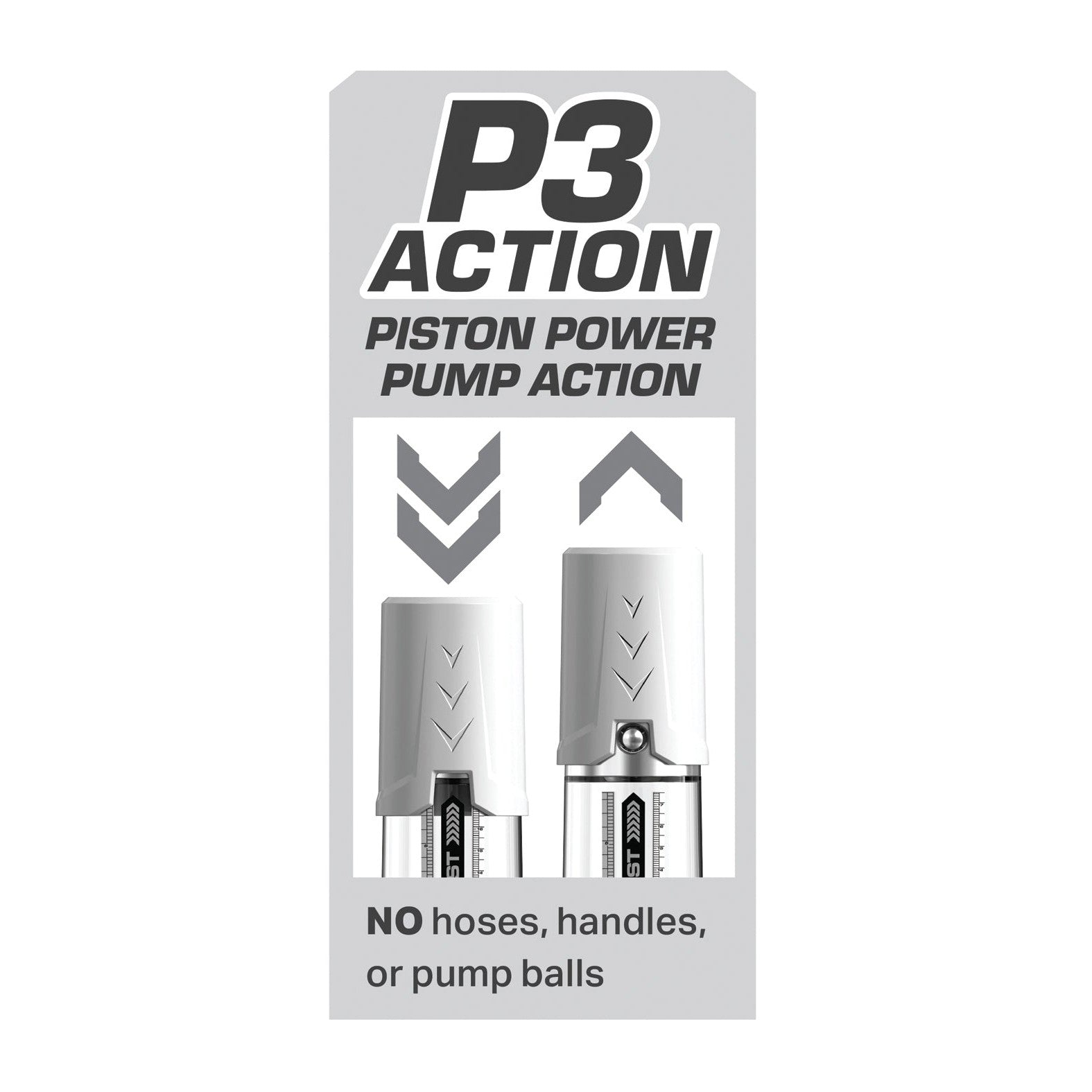The Pump Worx Max Boost by Pipedream is a penis pump with piston power action. Its design features side-by-side pistons with arrows above, and the label states: NO hoses, handles, or pump balls. Its crafted from durable silicone for an effective ED solution.