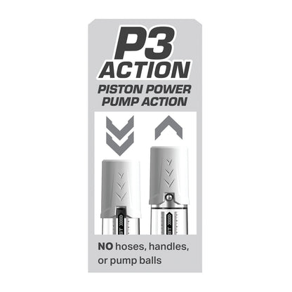 The Pump Worx Max Boost by Pipedream is a penis pump with piston power action. Its design features side-by-side pistons with arrows above, and the label states: NO hoses, handles, or pump balls. Its crafted from durable silicone for an effective ED solution.