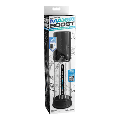 The image shows a boxed product labeled Pump Worx Max Boost by Pipedream, featuring a clear cylinder with a black handle made from premium silicone. The packaging emphasizes its piston action and displays various product details and brand logos.