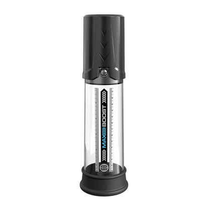 The Pump Worx Max Boost by Pipedream is a transparent silicone cylindrical container with black end caps, a central vertical scale, and MAXXIBOOST branding in blue and white. It features a button near the top cap for easy operation.