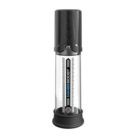 The Pump Worx Max Boost by Pipedream is a transparent silicone cylindrical container with black end caps, a central vertical scale, and MAXXIBOOST branding in blue and white. It features a button near the top cap for easy operation.