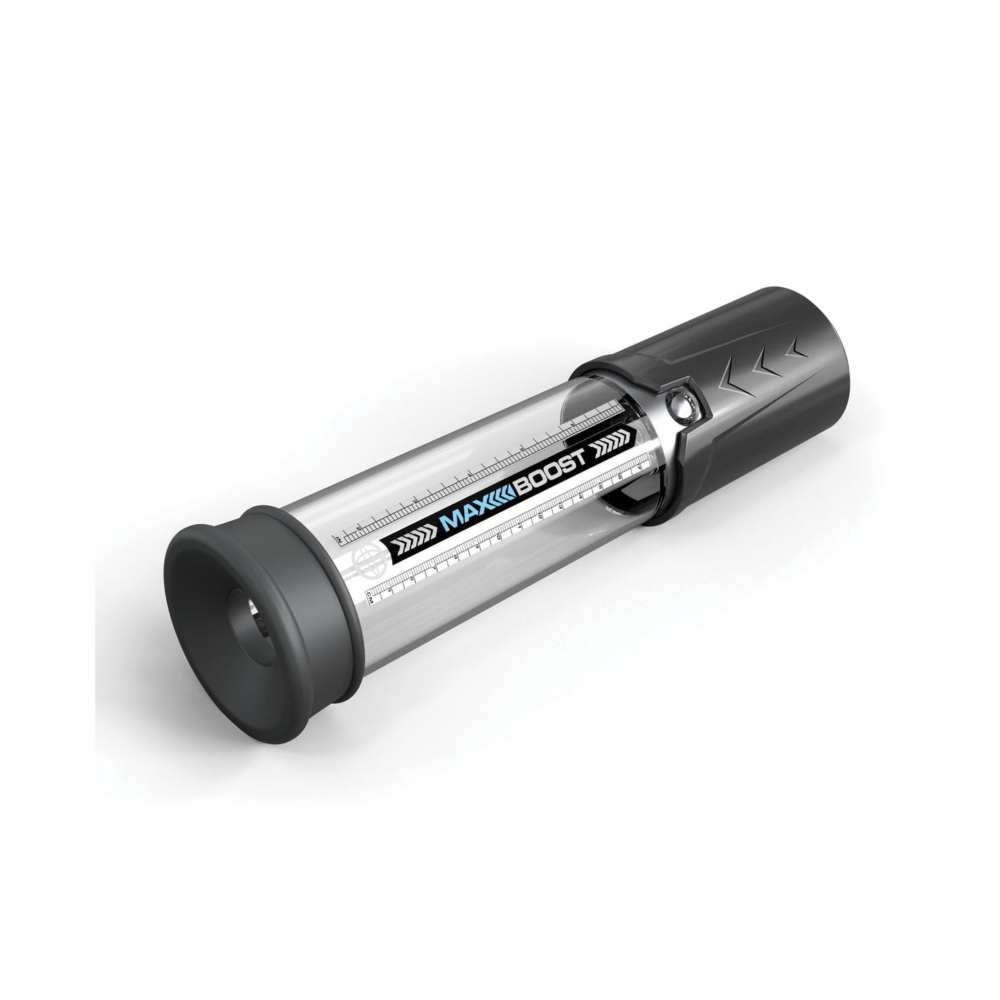 The Pipedream Pump Worx Max Boost is a transparent cylindrical penis pump with black and gray details, side measurement markings, and a silicone-like base for comfort and efficiency, designed as an ED solution.