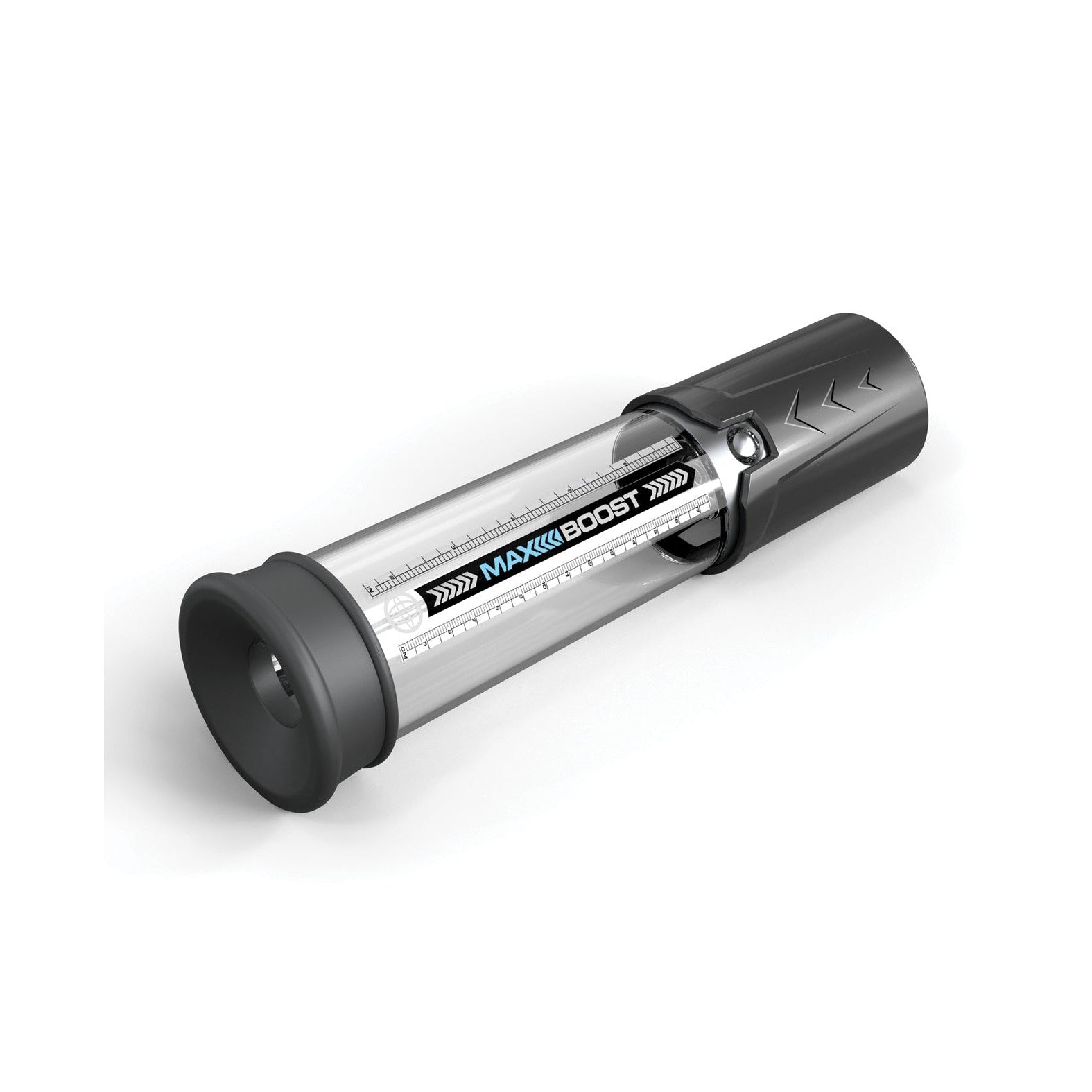 The Pipedream Pump Worx Max Boost is a transparent cylindrical penis pump with black and gray details, side measurement markings, and a silicone-like base for comfort and efficiency, designed as an ED solution.