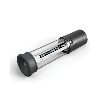 The Pipedream Pump Worx Max Boost is a transparent cylindrical penis pump with black and gray details, side measurement markings, and a silicone-like base for comfort and efficiency, designed as an ED solution.