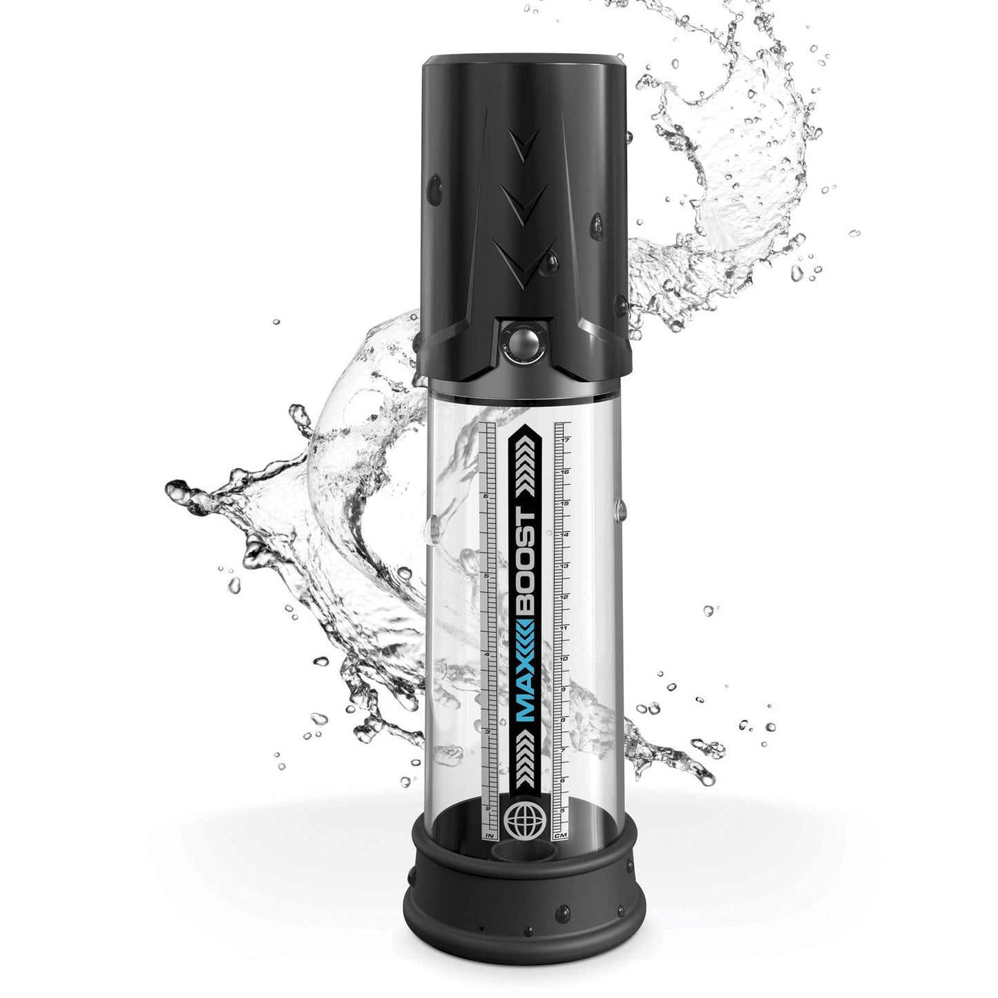 The Pump Worx Max Boost by Pipedream is a transparent silicone cylindrical device with a sleek black top and base, labeled Maxx Boost. It features measurement markings, an open/close knob, and water splashing indicates its function as an effective ED solution penis pump.