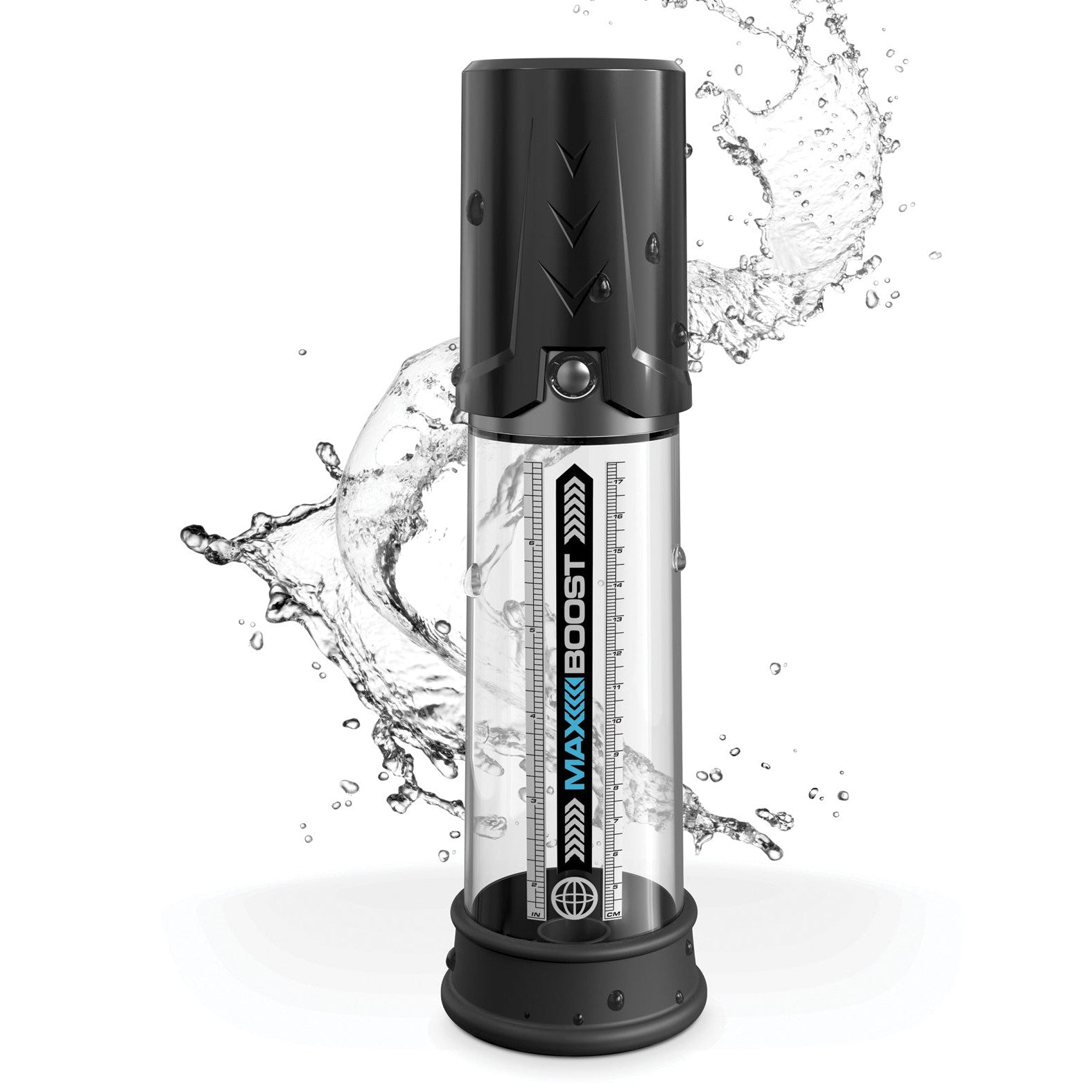 The Pump Worx Max Boost by Pipedream is a transparent silicone cylindrical device with a sleek black top and base, labeled Maxx Boost. It features measurement markings, an open/close knob, and water splashing indicates its function as an effective ED solution penis pump.