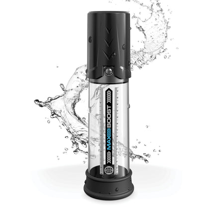 The Pump Worx Max Boost by Pipedream is a transparent silicone cylindrical device with a sleek black top and base, labeled Maxx Boost. It features measurement markings, an open/close knob, and water splashing indicates its function as an effective ED solution penis pump.