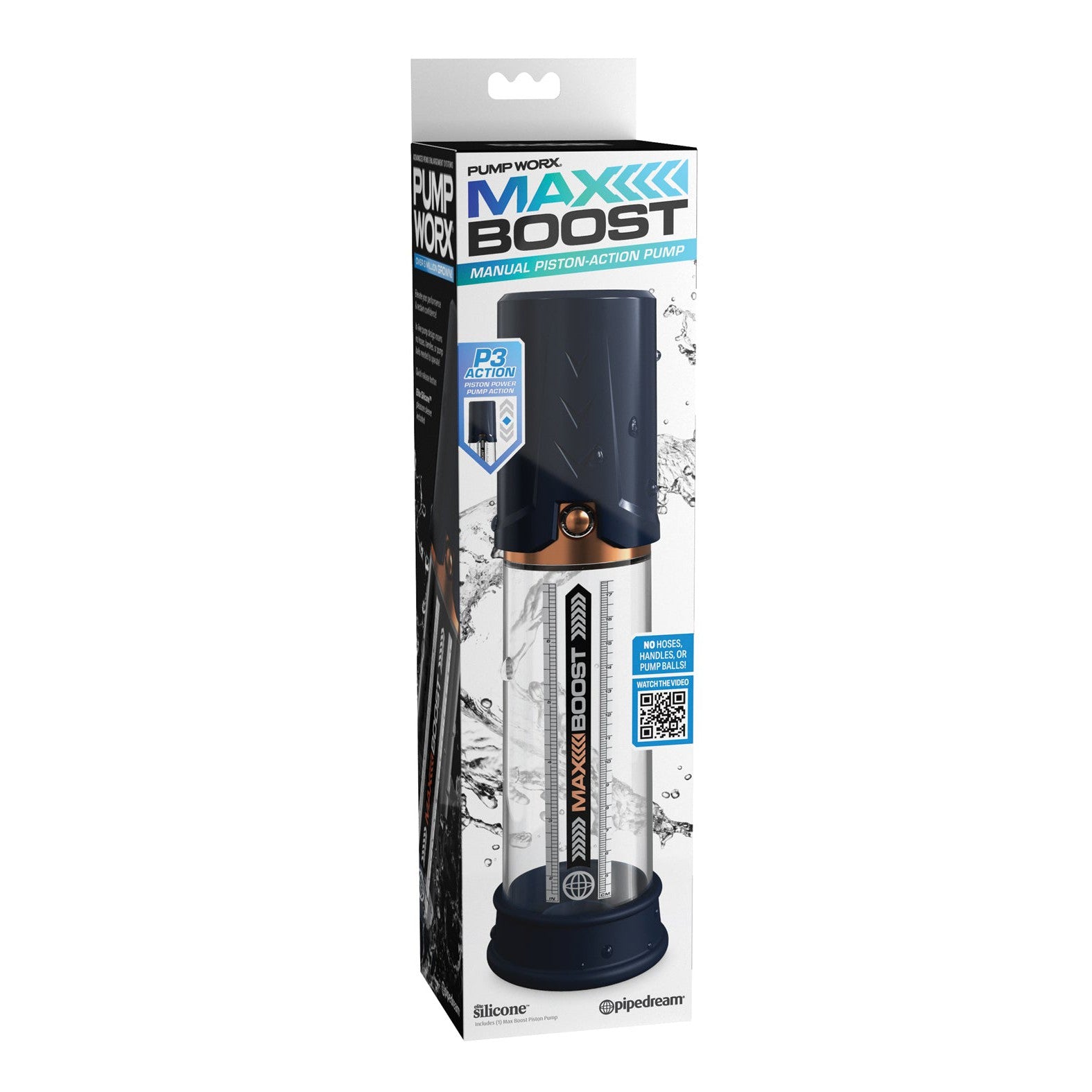 Image of the Pump Worx Max Boost by Pipedream in its packaging. The box displays branding, ED solution details, and a transparent section revealing part of the device. It features a blue and white design with water graphics, highlighting the quality silicone material used.