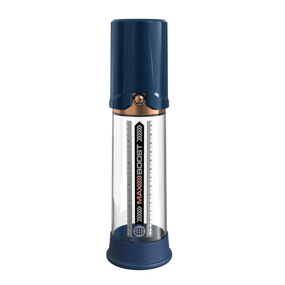 Introducing the Pump Worx Max Boost by Pipedream, a durable silicone ED solution with a transparent section to display internal components and a visible gauge. Its sleek design features a solid blue top and base, prominently showcasing the Maxx Boost brand logo.