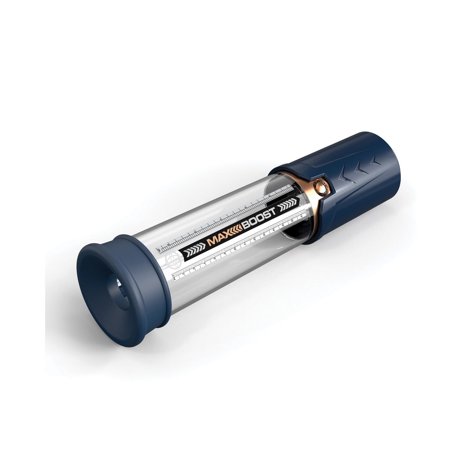 The Pump Worx Max Boost by Pipedream is a transparent cylindrical device with dark blue accents and MAXIBOOST at its center. It features a silicone base and textured grip handle, combining style and functionality as an innovative ED solution.
