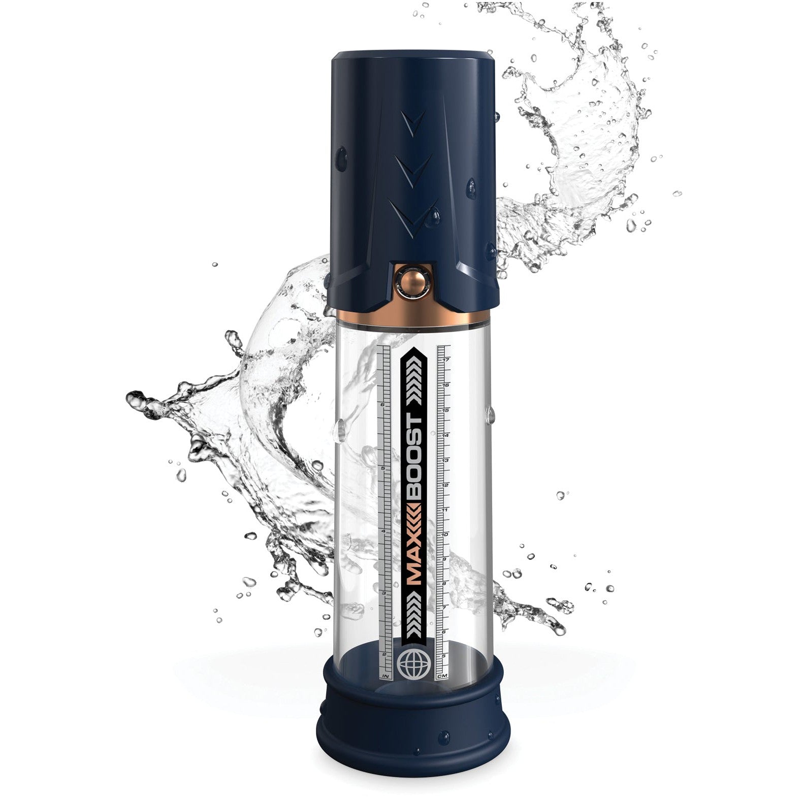 The Pump Worx Max Boost by Pipedream is a transparent cylindrical silicone gadget with a dark blue top and base. MAXBOOST is labeled inside, and the dynamic water splashes emphasize its waterproof or water-related feature.