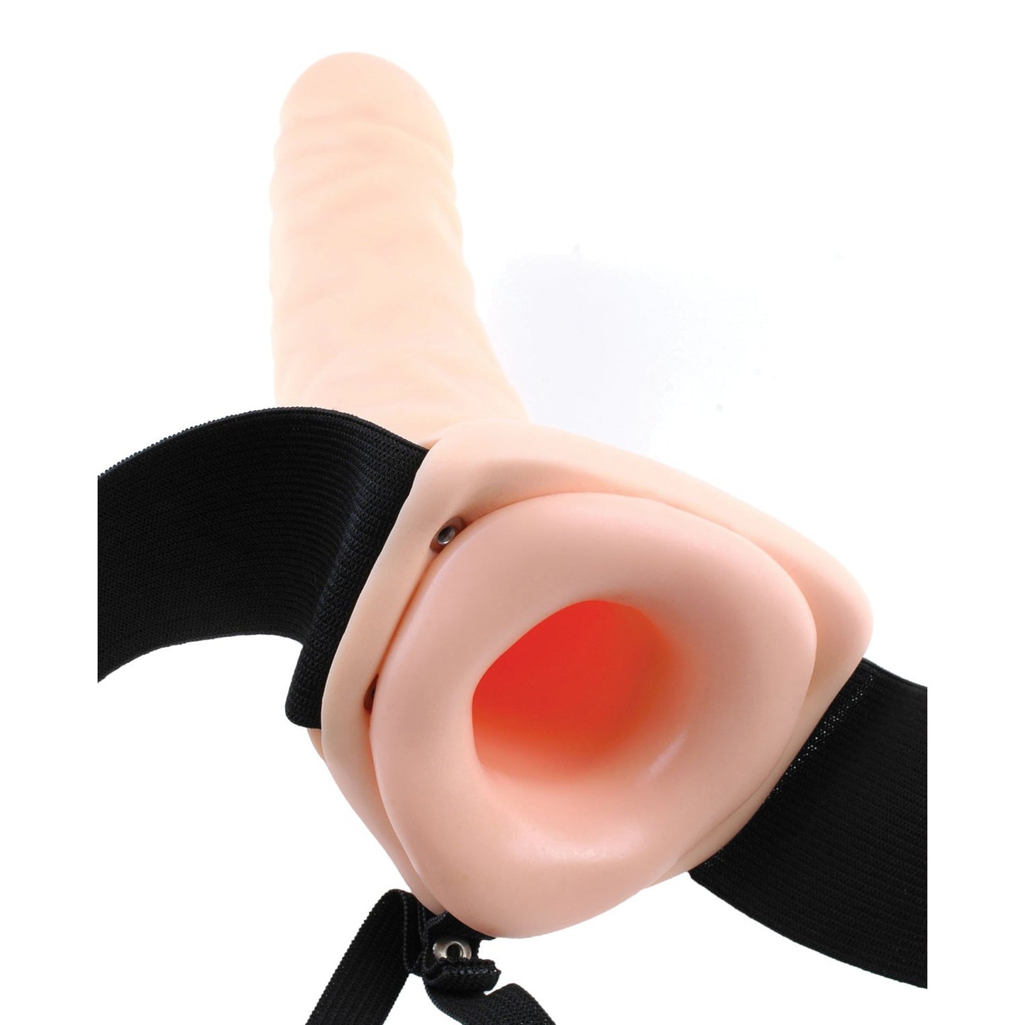 The Fetish Fantasy Series 8 Hollow Strap On by Fetish Fantasy is crafted from durable PVC and beige silicone, featuring an elastic harness with adjustable black straps. Its detailed design showcases texture and contour.