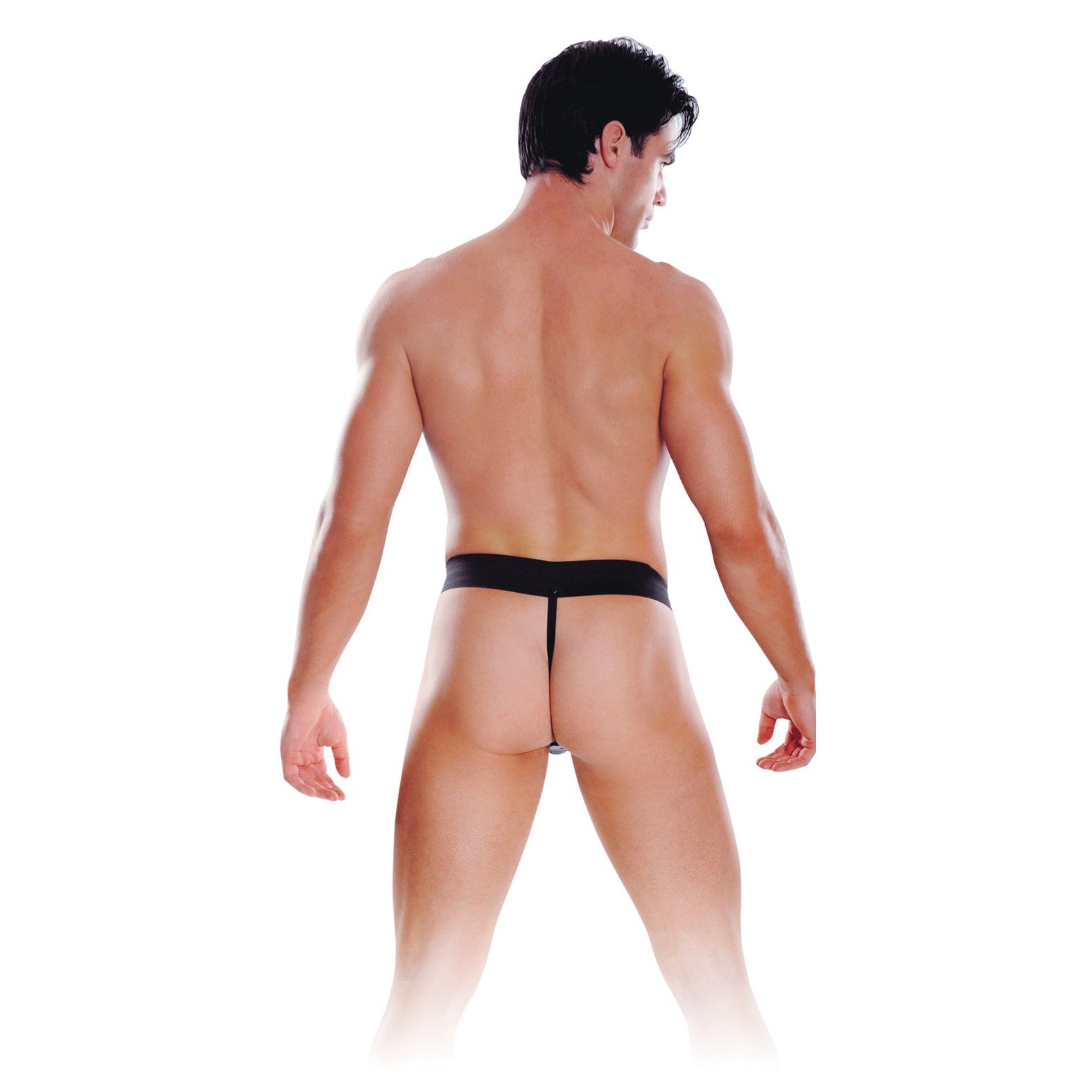 A man stands with his back to the camera, wearing a minimal black waistband and thong complemented by an elastic harness against a plain white background, highlighting the Fetish Fantasy Series Mr. Big Hollow 8 Strap-On.