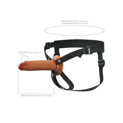 The Fantasy X-tensions Elite Silicone Hollow Strap-on by Pipedream features a black adjustable harness with a realistic brown dual-density silicone dildo. Equipped with adjustable buckles for various waist sizes, its perfect for ED performance anxiety, offering both comfort and confidence.