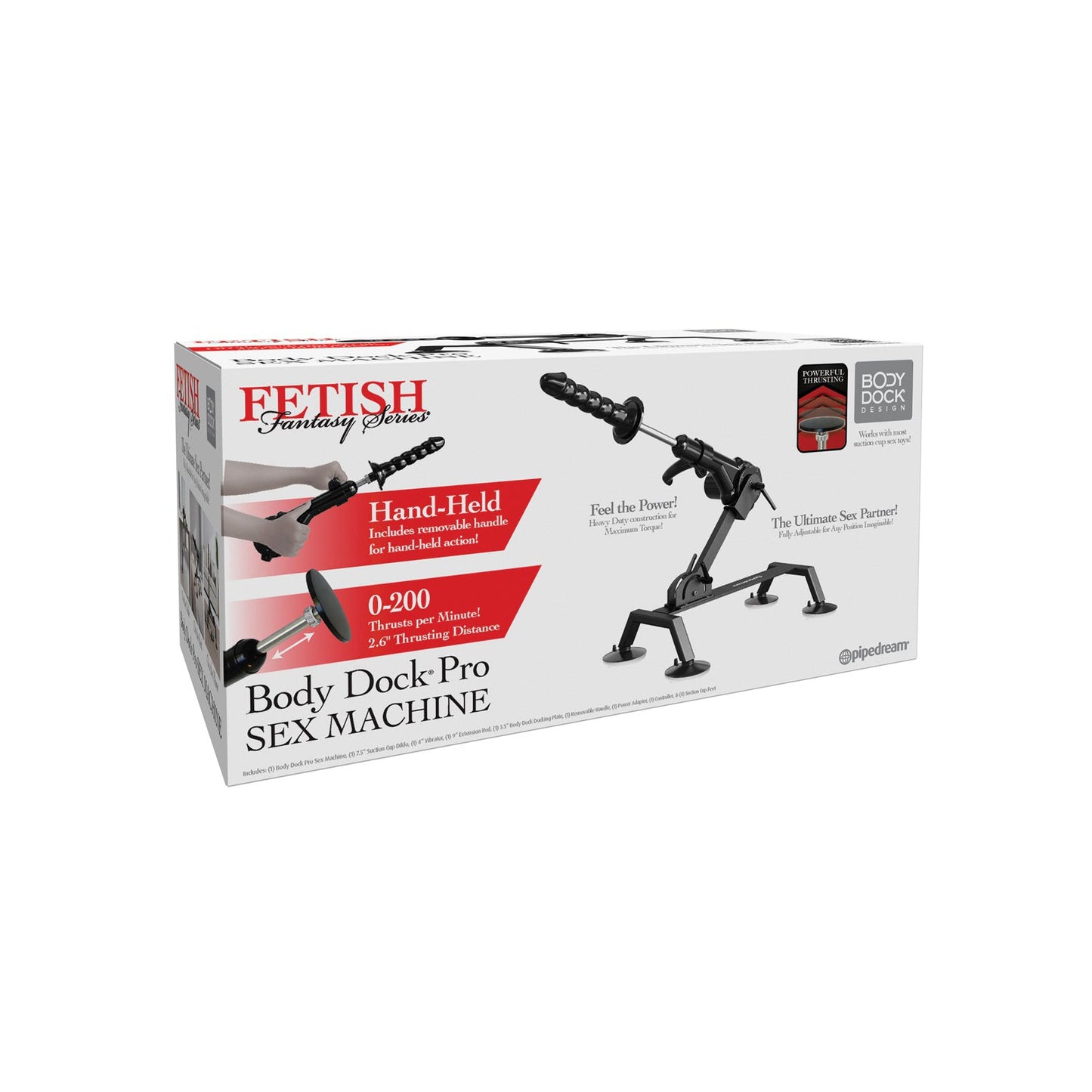 The Fetish Fantasy Series Body Dock Sex Machine packaging features images of the device, emphasizing its powerful motor, adjustable positioning, promotional text, and included accessories—perfectly designed for enhanced personal use.