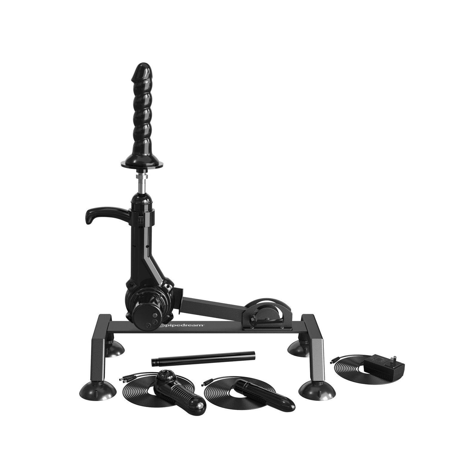 The Fetish Fantasy Series Body Dock Sex Machine, by Fetish Fantasy, is a sleek black adjustable device with a cylindrical attachment powered by a strong thrusting motor. It sits on a sturdy frame and includes various interchangeable parts.