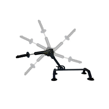 The Fetish Fantasy Series Body Dock Sex Machine by Fetish Fantasy is a sleek black device with adjustable arms, foot pedals, and hand grips, designed for intense upper body workouts with its powerful thrusting motor. Set against a plain white background.