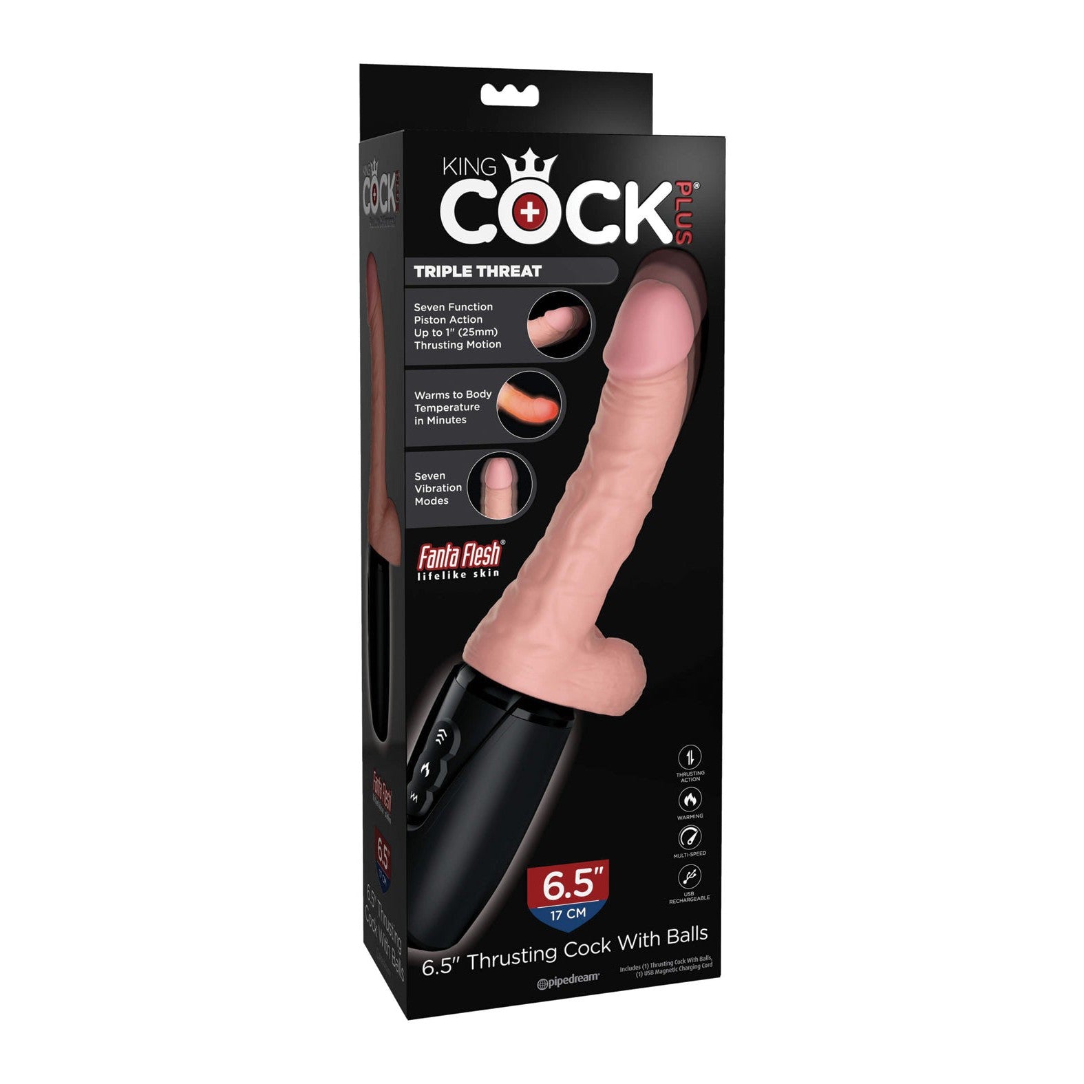 An image of the King Cock Plus Thrusting, Warming & Vibrating Dong by King Cock illustrates its realistic 6.5-inch design. It features seven vibration modes, a warming option, and a skin-toned look with a black base for an authentic feel.