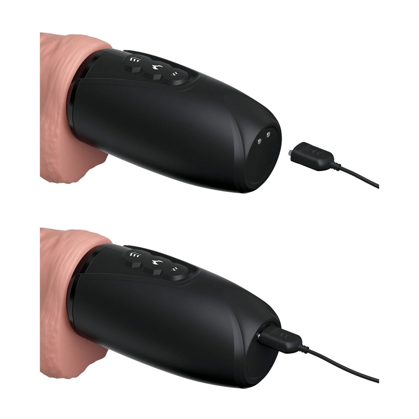 Close-up of the King Cock Plus Thrusting, Warming & Vibrating Dong, a black cylindrical device with vibration modes and control buttons. It features a textured section at one end and is shown being held by a person and connected to a charger.