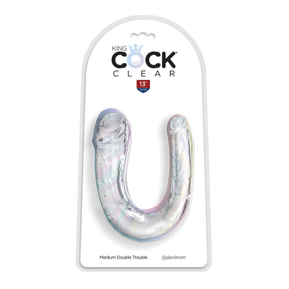 The King Cock Clear Medium Double Trouble Dildo by King Cock offers a lifelike U-shaped, transparent design. Packaged in white with a red 13-inch label and crowned Cock, it ensures dual-end delight for your pleasure.