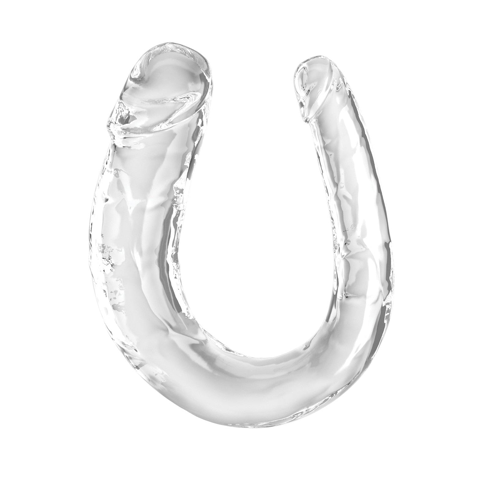 A lifelike, glass-like double dildo with a smooth, polished surface by King Cock, set against a plain white background.