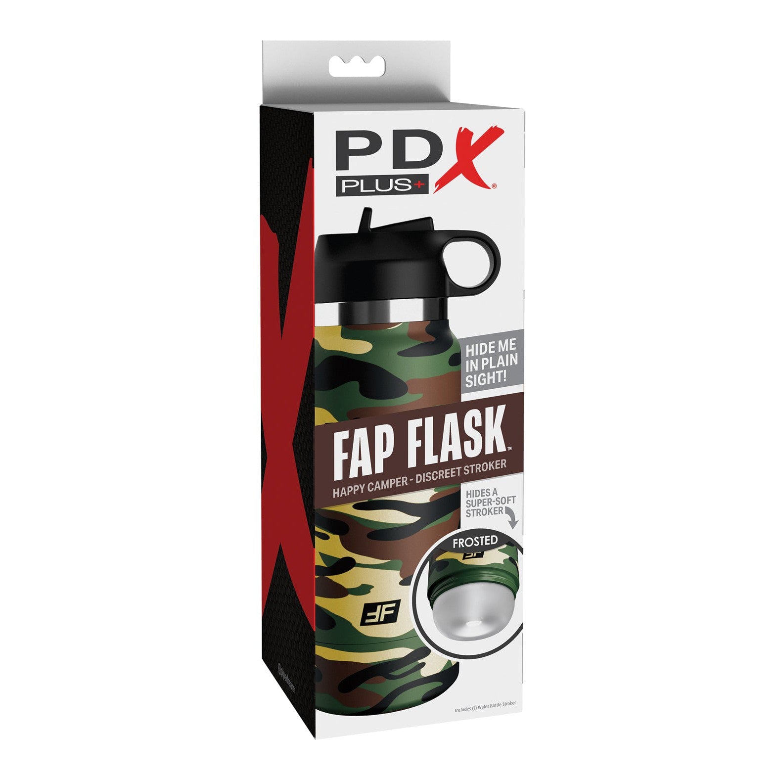 The PDX Plus Fap Flask Happy Camper Stroker features a camouflage pattern with a cup lid and hidden compartment. Marketed as the discreet stroker, it offers Stealth Mode with slogans like Hide in Plain Sight! and “Pleasure Perfected, ensuring satisfaction for any user.