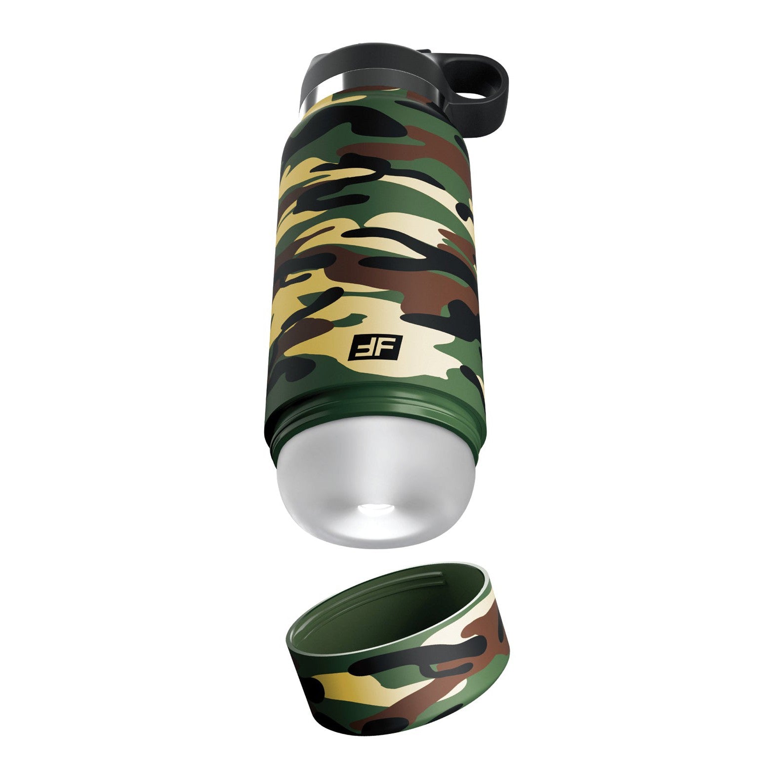 PDX Plus Fap Flask Happy Camper Stroker is perfect for the adventurous lifestyle. It features a camouflage pattern, a detachable cap, a built-in LED light at the base for stealth mode adventures, and a top handle for easy carrying.