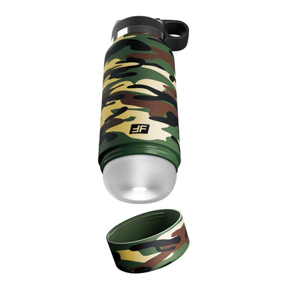 PDX Plus Fap Flask Happy Camper Stroker is perfect for the adventurous lifestyle. It features a camouflage pattern, a detachable cap, a built-in LED light at the base for stealth mode adventures, and a top handle for easy carrying.