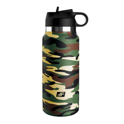 The PDX Plus Fap Flask Happy Camper Stroker features a Stealth Mode design with a camouflage pattern in green, brown, and black. It includes a black screw-on lid with a loop handle and drinking spout, plus an emblem near the base for adventurous users on the go.