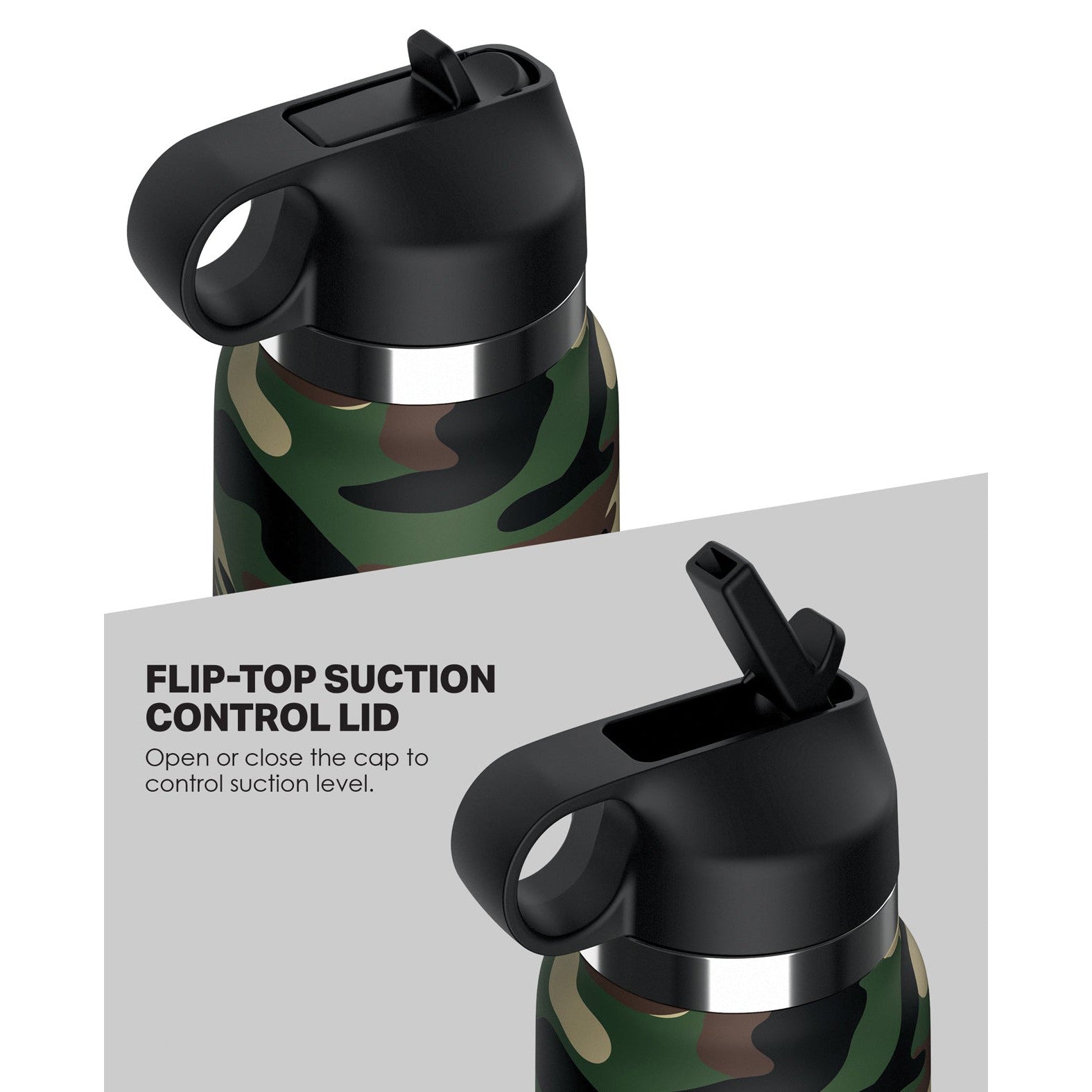 Image of the PDX Plus Fap Flask Happy Camper Stroker in camo, featuring a black, flip-top suction control lid. Lid shown open on top and closed below with text: FLIP-TOP SUCTION CONTROL LID. Open or close to adjust suction.